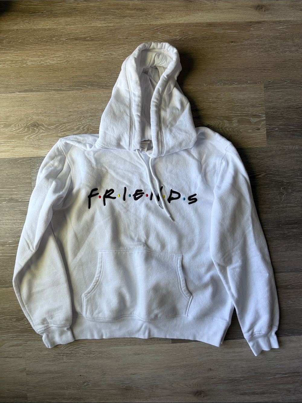 H&M WB Size Medium Friends Logo White Hoodie with Color Dot Accents